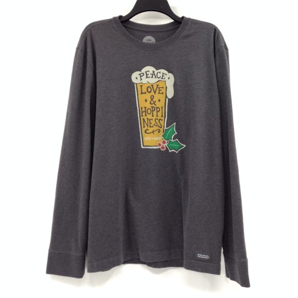 LIFE‎ IS GOOD Crusher T Shirt Men's L Gray Beer Holly Love Graphic Print Top - Picture 1 of 11
